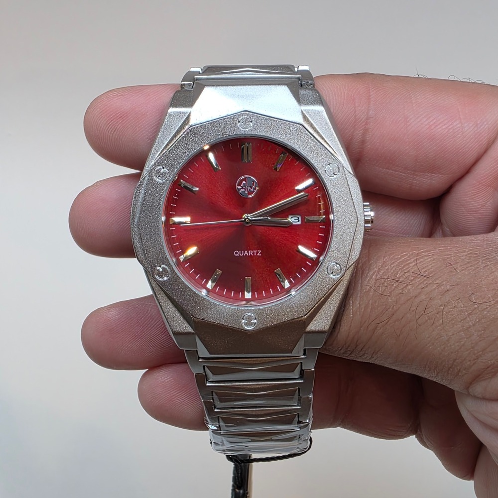 AJ Quality Watches Red Dial Date 45mm Bezel Silver Bracelet Watch